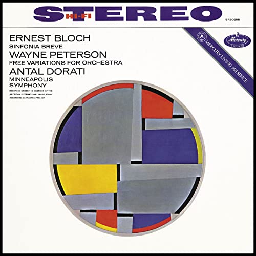 Vinyl record cover: abstract geometric art, text listing composers and orchestra.