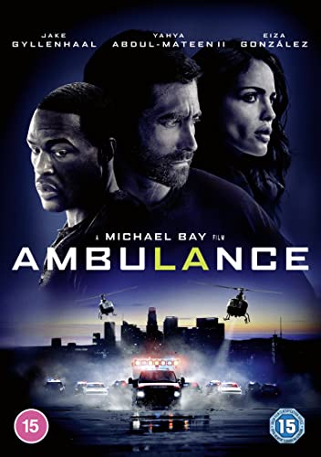 DVD cover for Ambulance featuring three actors above a city scene with police cars.