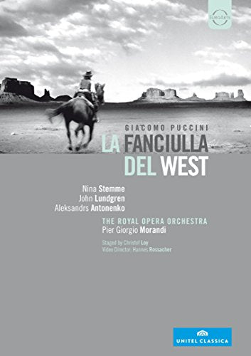 DVD cover for Puccini’s *La Fanciulla del West* opera, cowboy on horseback.