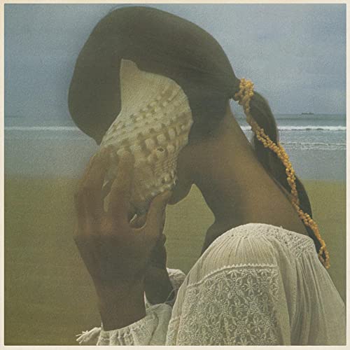 A person holding a large seashell to their ear on a beach.