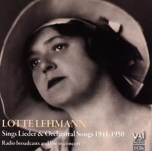 Black and white portrait of Lotte Lehmann in a hat, with text overlay.