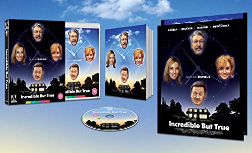 Incredible But True" Blu-ray, DVD, and CD packaging featuring film cast portraits.