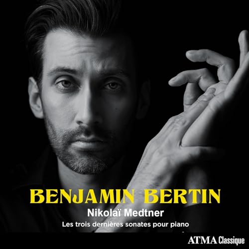 Black and white portrait of pianist Benjamin Bertin, album cover art.