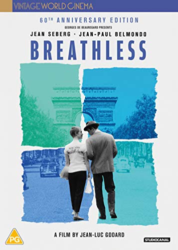 “Breathless” DVD cover featuring Jean Seberg and Jean-Paul Belmondo in Paris.
