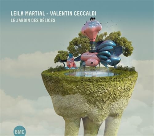 CD cover with surreal floating island, hot air balloons, and trees.