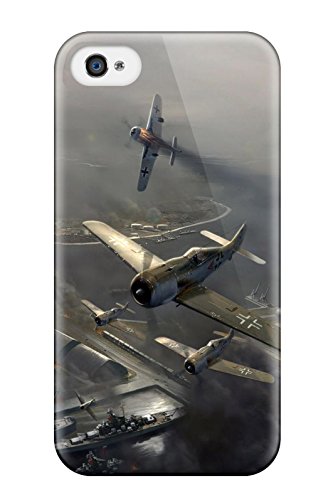 World War II fighter planes in flight over a naval scene.