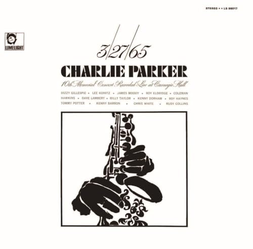 CD cover for Charlie Parker’s 3/27/65 memorial concert, featuring a saxophone.