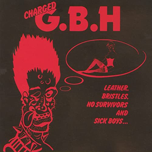 Red punk rock album cover with a spiky-haired figure and pin-up illustration.