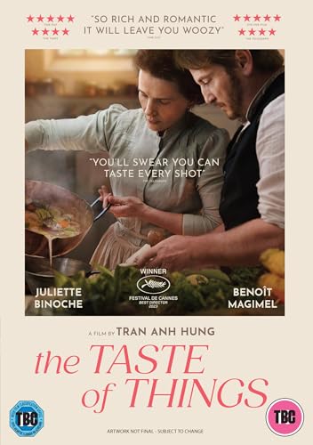 DVD cover for The Taste of Things featuring Juliette Binoche and Benoît Magimel cooking.