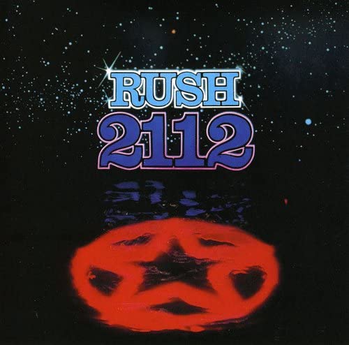 Rush 2112 album cover featuring a red star emblem against a black starry background.