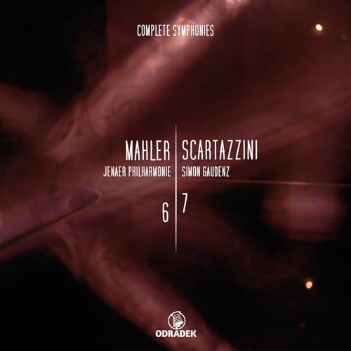 CD cover with dark, abstract, reddish-brown lighting and text for Mahler and Scartazzini symphonies.