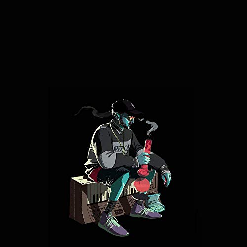 An illustrated man in a cap sits on a synthesizer holding a glass bong.