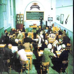 Oasis “Masterplan” CD cover: a classroom scene with people seated at desks.