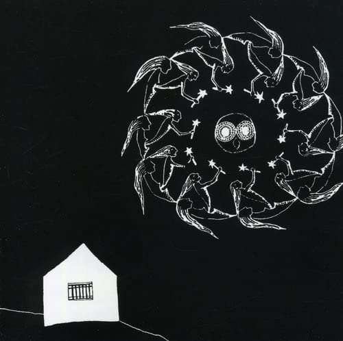 Black and white illustration of figures dancing around a central eye and house.