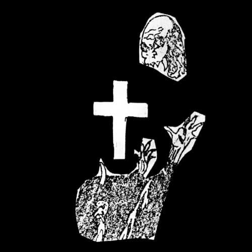Black and white image of a cross and distorted face.