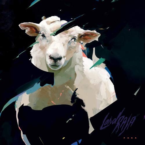 Painted portrait of a white sheep with abstract dark blue brushstrokes.