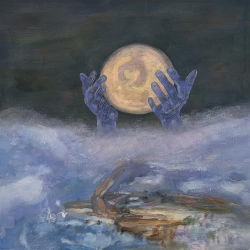 Blue hands cradle a glowing moon above cloudy, textured landscape.