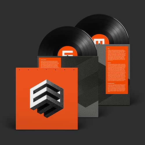 Two black vinyl records with orange and gray packaging featuring a geometric "E" logo.