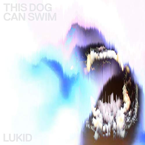 Abstract dog face with sharp teeth, blue and purple color scheme.