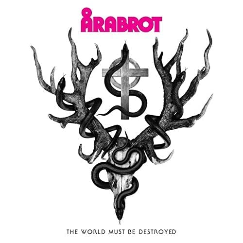 Årabrot album cover: skull, antlers, snakes, and a cross in monochrome.