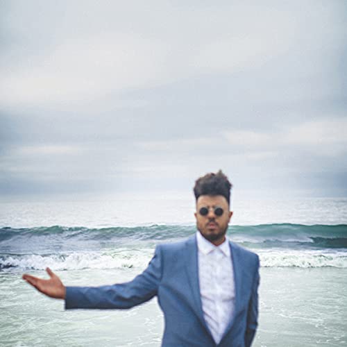 Man in suit with sunglasses stands on a beach, arms outstretched.