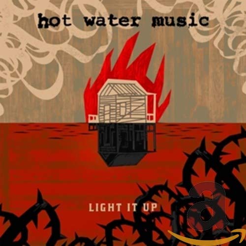 CD cover: burning house on water, barbed wire foreground, red and brown tones.