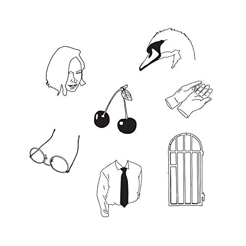 Black and white line drawing of objects including a face, swan, and cherries.