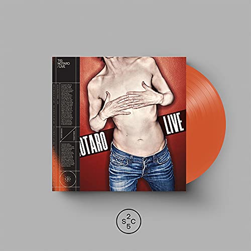 Album cover for Tig Notaro’s “Live” with a torso and orange vinyl record.
