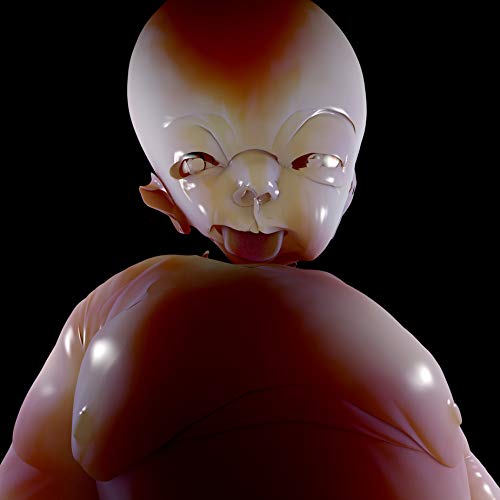 Pale, stylized baby face with open mouth, against a black background.