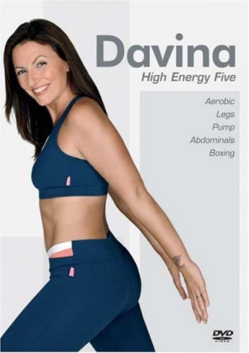 Davina McCall on DVD cover, wearing sportswear, promoting a fitness workout.