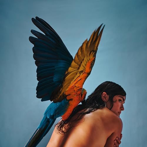 Person with large, colorful macaw wings emerging from their back.