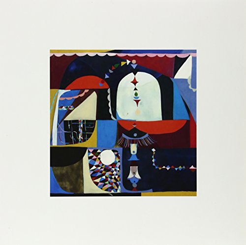 Abstract geometric painting with blue, red, black, and white shapes.