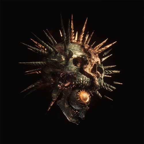 Dark, textured skull with radiating spikes against a black background.