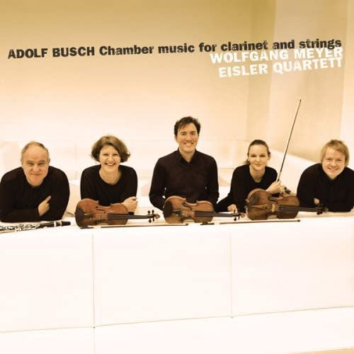 CD cover featuring a quartet and a clarinet on a white background.