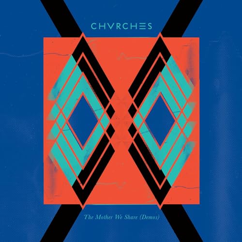 Album cover for CHVRCHES, featuring geometric shapes in blue, red, and black.