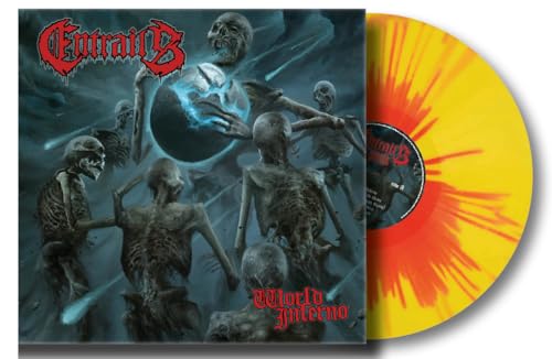 Entrails" album cover with skeletal figures and a sunburst yellow/red vinyl record.