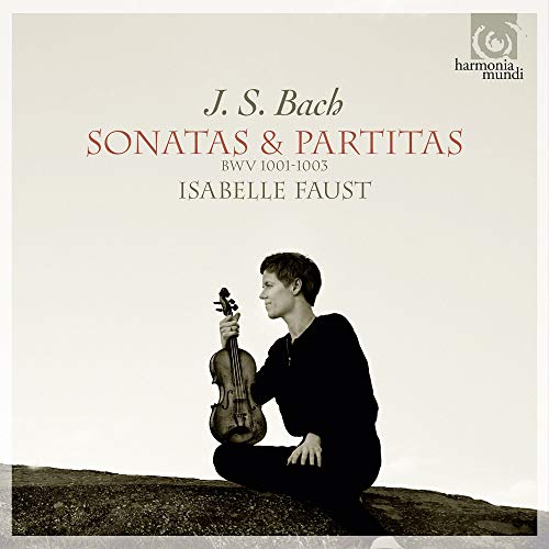 Isabelle Faust holding a violin, album cover for Bach’s Sonatas & Partitas.