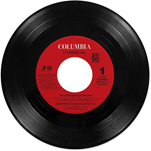 Black vinyl record with red and white Cypress Hill label, tracklist visible.