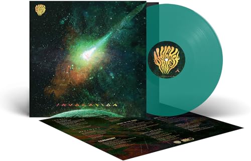 Vinyl record “Invocation” with cosmic cover art and teal coloring.
