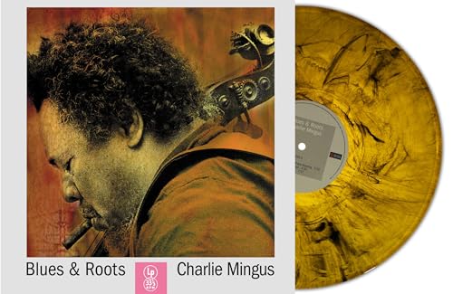 Charles Mingus “Blues & Roots” vinyl record with orange marble effect.
