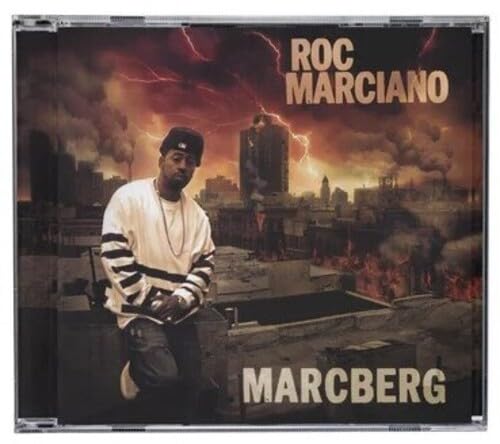 CD cover for Roc Marciano’s “Marcberg” with a rapper and stormy cityscape.