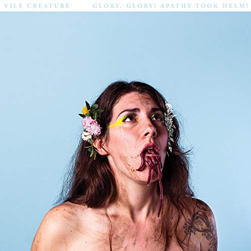 A person with flowers in their hair has earthworms coming out of their mouth.