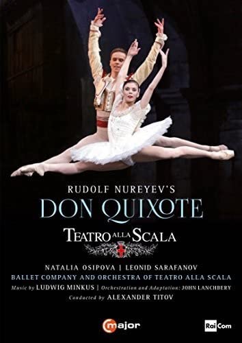 Ballet dancers in mid-air on DVD cover for "Don Quixote.