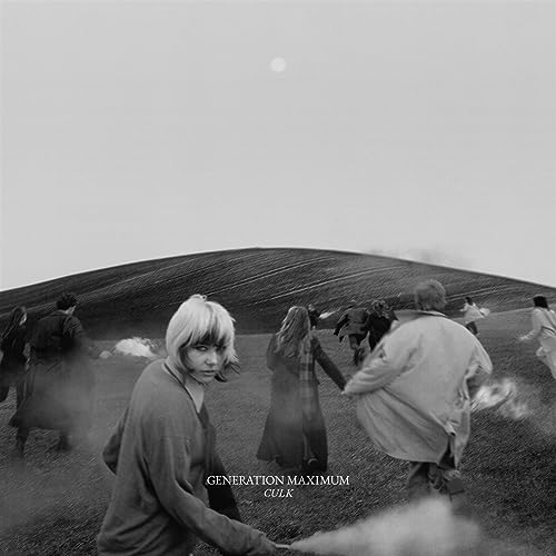Black and white album cover with people on a grassy hill.