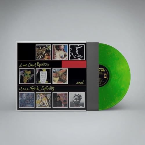 Vinyl record with black and white collage cover art, neon green disc.