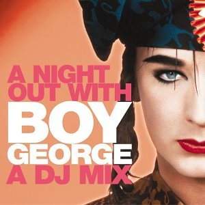 Boy George portrait with text on a pink background, CD cover art.