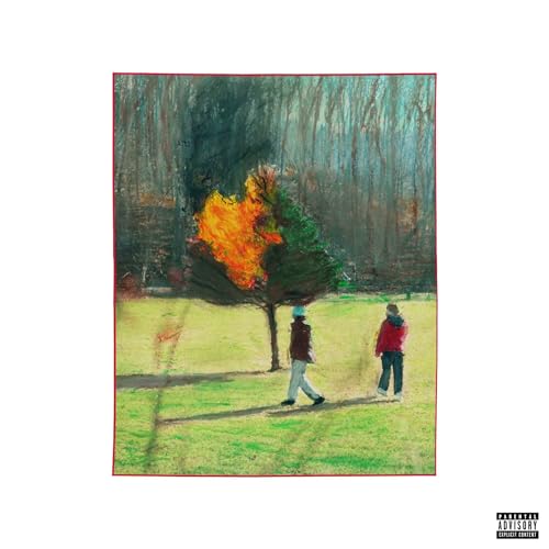 Painted album cover with two figures walking toward a fiery tree.