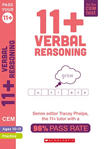 Book cover for “11+ Verbal Reasoning” practice, pink and white design.