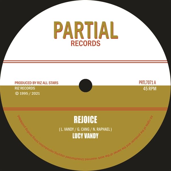 Yellow vinyl record label with "Rejoice" and "Lucy Vandy" text.