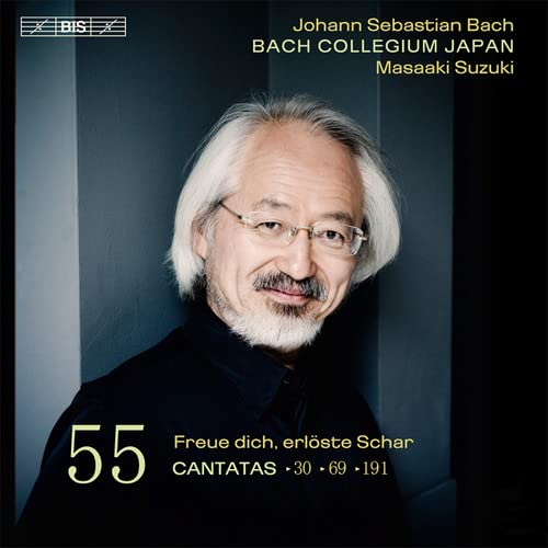 CD cover featuring portrait of Masaski Suzuki and text “Bach Cantatas Volume 55”.